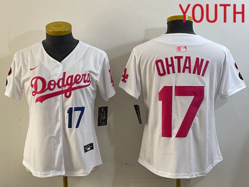 Youth Los Angeles Dodgers #17 Ohtani White pink Game 2024 Nike MLB Jersey style 1